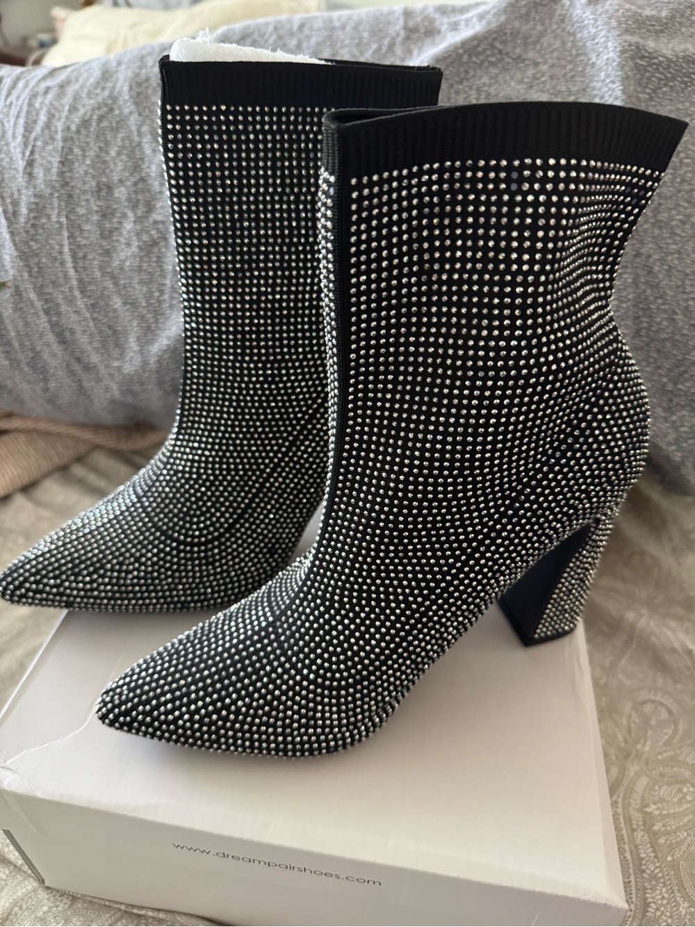 Black Rhinestone Sock Booties - Women's Sparkle Ankle Boots